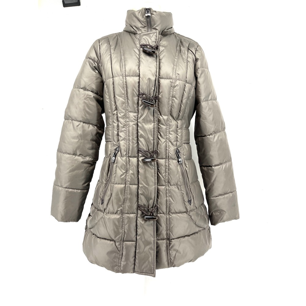 Laundry by Design Quilted‎ Puffer Coat Toggle Closure Faux Fur Trim Gray Size M